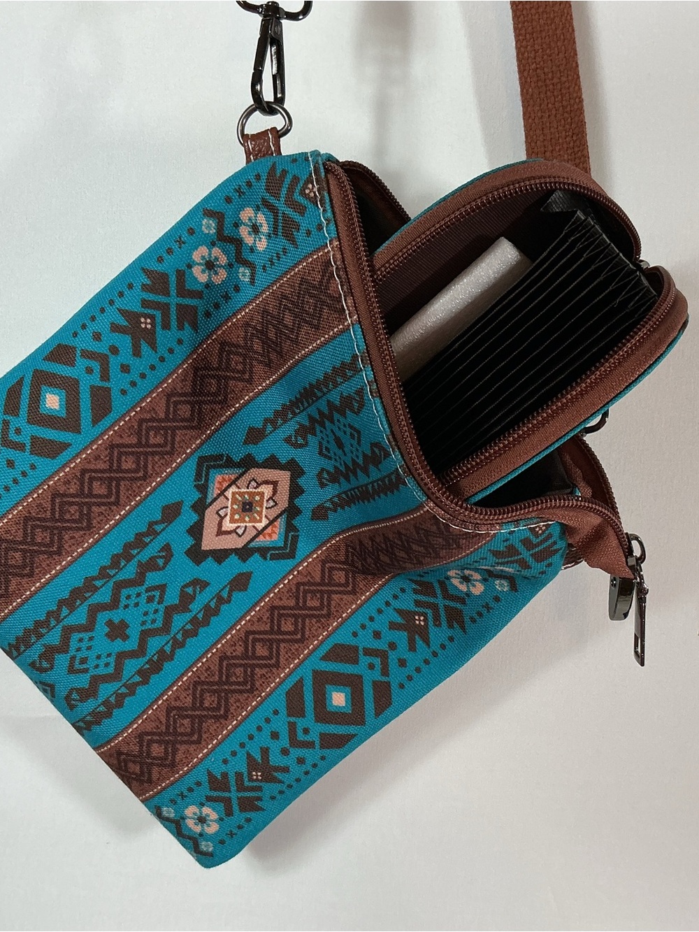 Teal and Brown Aztec-Print Crossbody Bag with Adjustable Strap